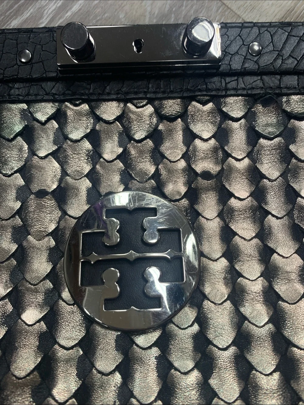 Tory Burch Gold Metallic Scaled Top-Handle Satchel with Black Trim